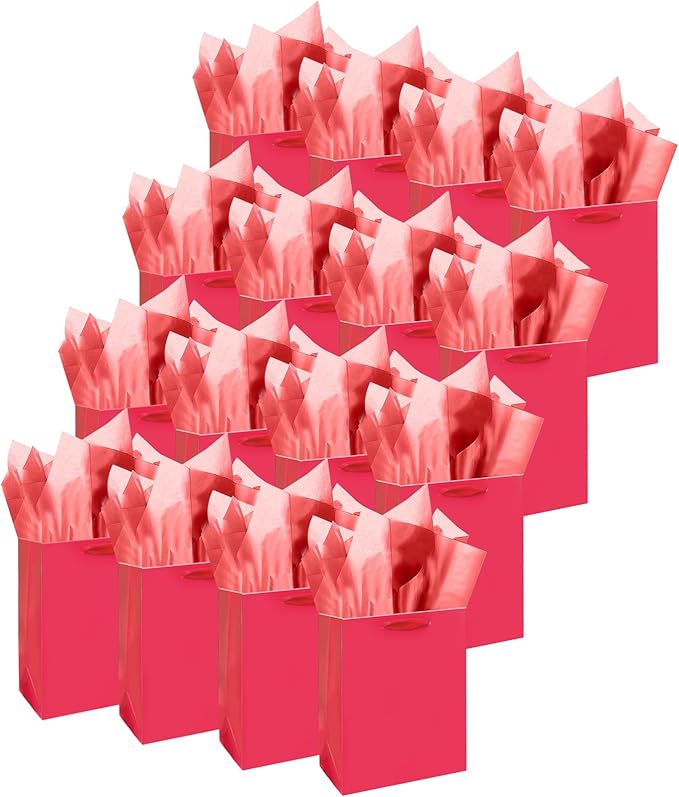 Gcardist Wine Red Gift Bags with Tissue Paper for Wedding, Birthday, Party Supplies-7.9"x4.3"x9.6" Medium Size Cardboard Gift Bags（16pcs Bags +32pcs Tissue Paper ）