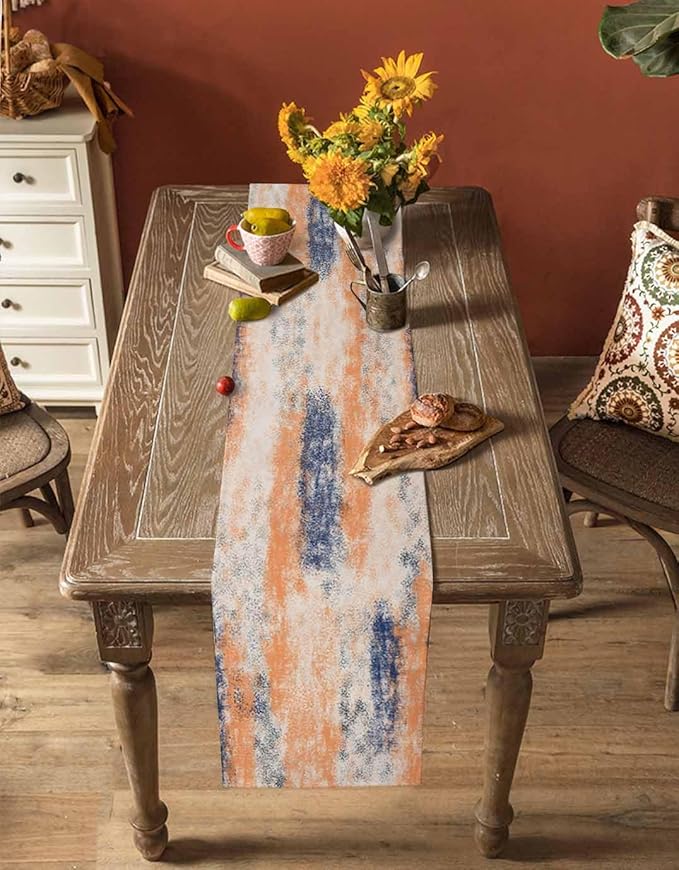 Vintage Oil Painted Cotton Linen Table Runner for Dining Kitchen, Wedding Outdoor Party Tablerunners Decoration, Abstract Modern Orange Minimalist Dresser Scarf Coffee Tablecloth Runners 13x36 Inches