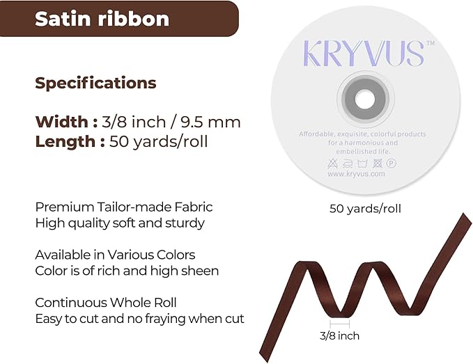 Dark Brown Satin Ribbon 3/8 inch X Continuous 50 Yards, Single Face Polyester Ribbon Perfect for Gift Wrapping, Flower Bouquet, Wedding Decor, Crafts, Bow Making, Sewing and More