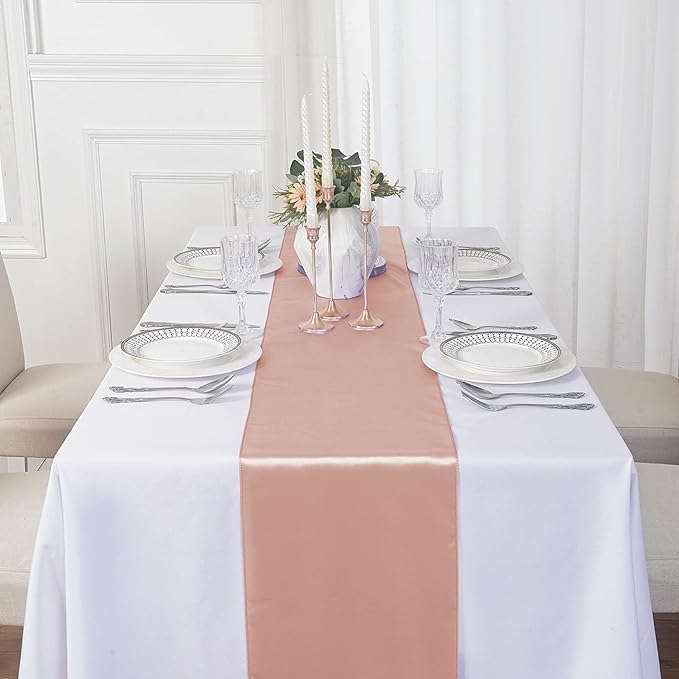 6Pack Table Runner 12 x 108 Inches Satin Silk Table Runner for Wedding, Birthday Party, Banquets, Graduations Decoration, fit Rectange and Round Table-Rose Gold