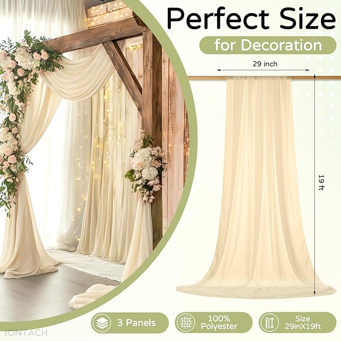 Wedding Arch Draping Fabric 29" x 19Ft Sheer Drapes for Backdrop Wedding Ceremony Reception Ceiling Decor Curtain Baby Bridal Shower Decoration (Champagne, 3 Panels)