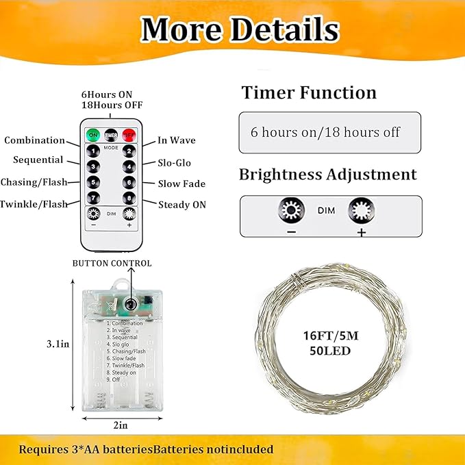 4-Pack Fairy Lights Battery Operated with Remote & Timer & 8 Modes, Waterproof 16 FT 50 LED String Lights Outdoor Indoor, Battery Twinkle Lights for Christmas Bedroom Centerpiece Décor (Warm White)