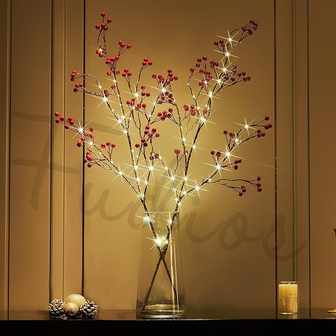 Fudios Lighted Red Berry Branches 80 LED Fairy Lights with Timer USB Plug in or Battery Operated, Artificial Twig Branches with Lights 32IN Christmas Home Fireplace Mantle Decoration