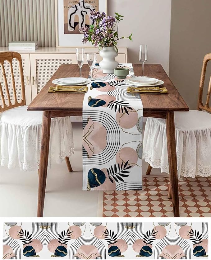 Modern Boho Cotton Linen Table Runner for Dining Kitchen, Wedding Outdoor Party Tablerunners Decoration, Abstract Bohemian Tropical Palm Leaf Dresser Scarf Coffee Tablecloth Runners 13x36 Inches