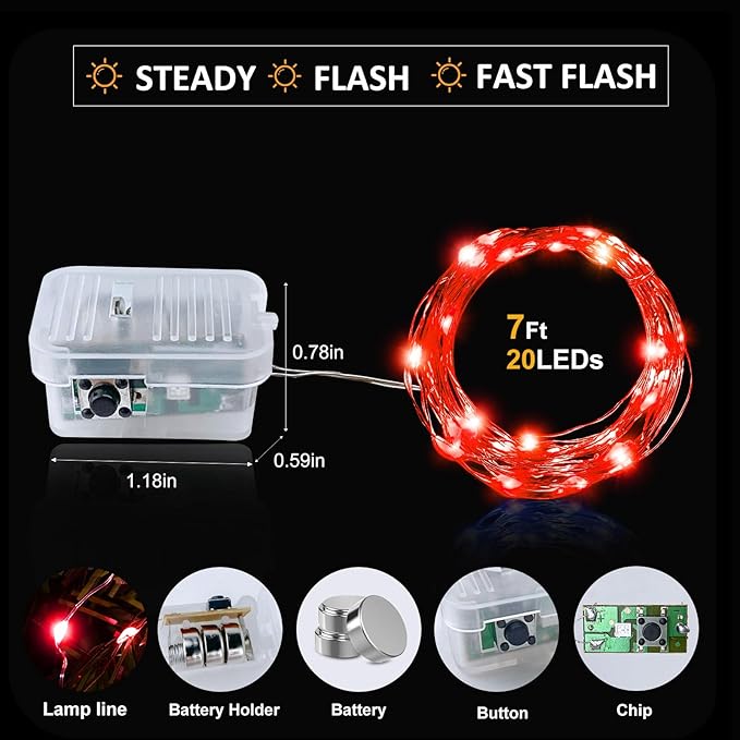 Aogist Led Fairy Lights 3 Modes Battery Operated String Lights Waterproof Silver Wire 7 Feet Firefly Starry Moon Mason Jar Lights for DIY Wedding Party Christmas (Red, 8 Pack)