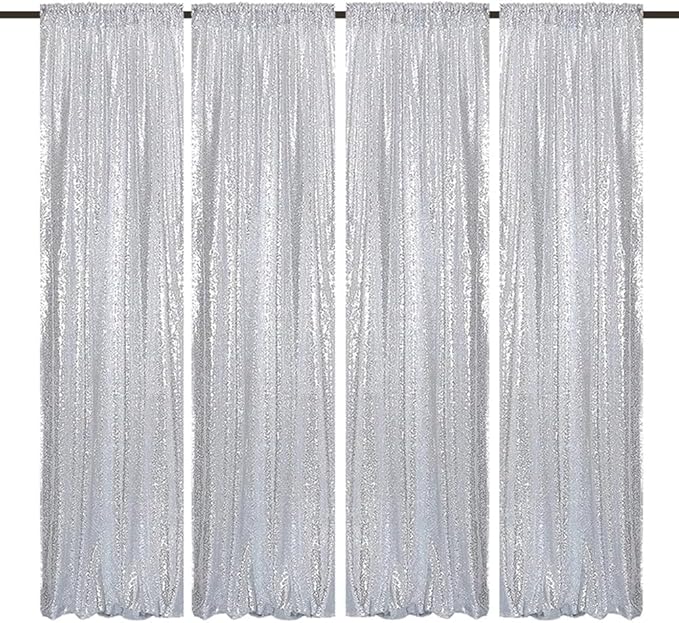 Silver Sequin Backdrop Curtains 4 Panels 2FTx8FT Wedding Photo Backdrop Glitter Birthday Bridal Party Curtains Sparkle Background Drapes Parties Decor Curtains