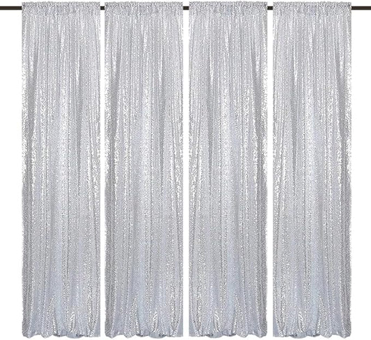 Silver Sequin Backdrop Curtains 4 Panels 2FTx8FT Wedding Photo Backdrop Glitter Birthday Bridal Party Curtains Sparkle Background Drapes Parties Decor Curtains