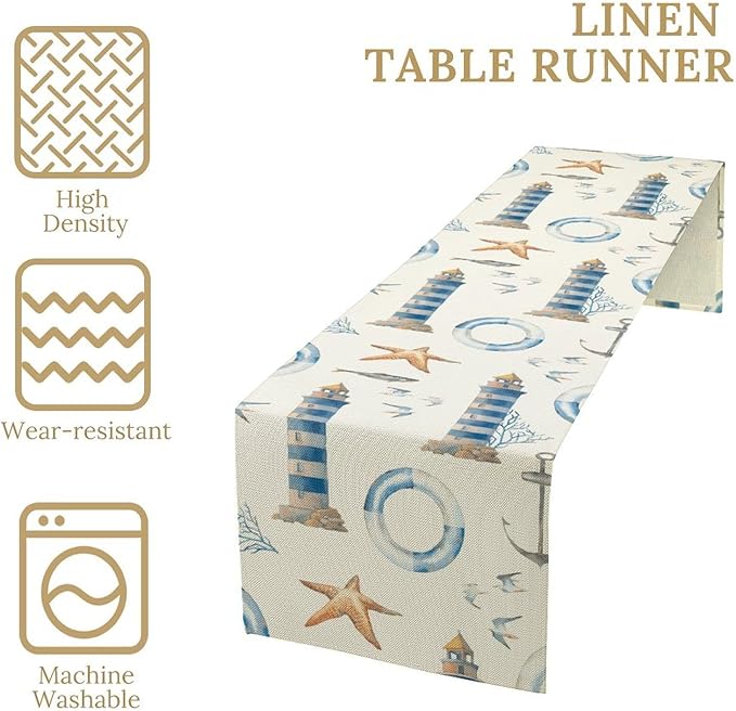 Blue Beach Table Runner, Tropical Ocean Coast Table Runner, Seashell Seasonal Nautical Restaurant Coffee Table Decorations for Home Holiday Party Indoor Outdoor 13x90 Inch