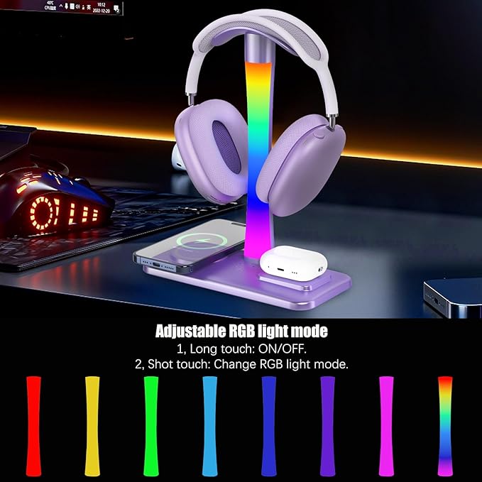 Headphone Stand with Wireless Charger,Gaming Headset Stand with RGB Light Mode,Airpod Max Stander Compatible with Airpod Pro/3/2,iPhone 16/15/14/13/12/11,Gifts for Gamers & Music Lover (Purple)