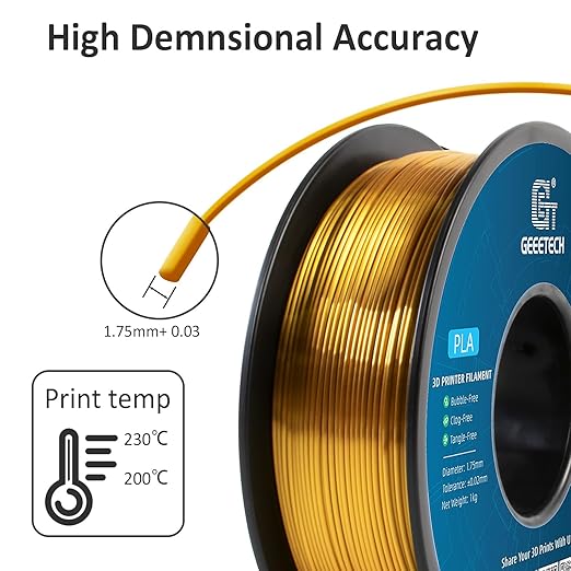 Geeetech Silk PLA Filament 1.75mm for 3D Printer, Metal-Like Shiny Consumables 1kg (2.2lbs) 1 Spool, Dimensional Accuracy +/- 0.02 mm, Metallic Gold Silk Filament