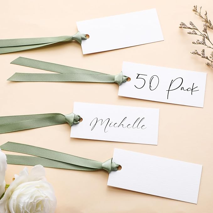 50 Pcs Name Place Cards for Table Setting Blank Wedding Place Cards with Satin Ribbon 1.57 x 3.54 Inch Hanging Gift Tags for Wedding Dinner Banquet Party Table Setting Supplies(Sage Green)
