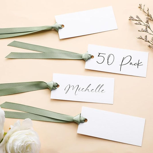 50 Pcs Name Place Cards for Table Setting Blank Wedding Place Cards with Satin Ribbon 1.57 x 3.54 Inch Hanging Gift Tags for Wedding Dinner Banquet Party Table Setting Supplies(Sage Green)
