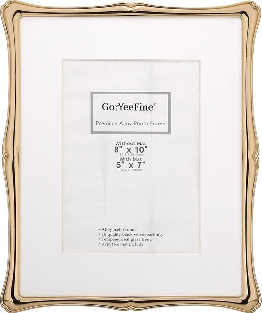 8 x 10'' Premium Alloy Gold Photo Frame with Acid Free 5x7'' Mat - High-End Décor Metal Frames 5x7'' with Black Velvet Back