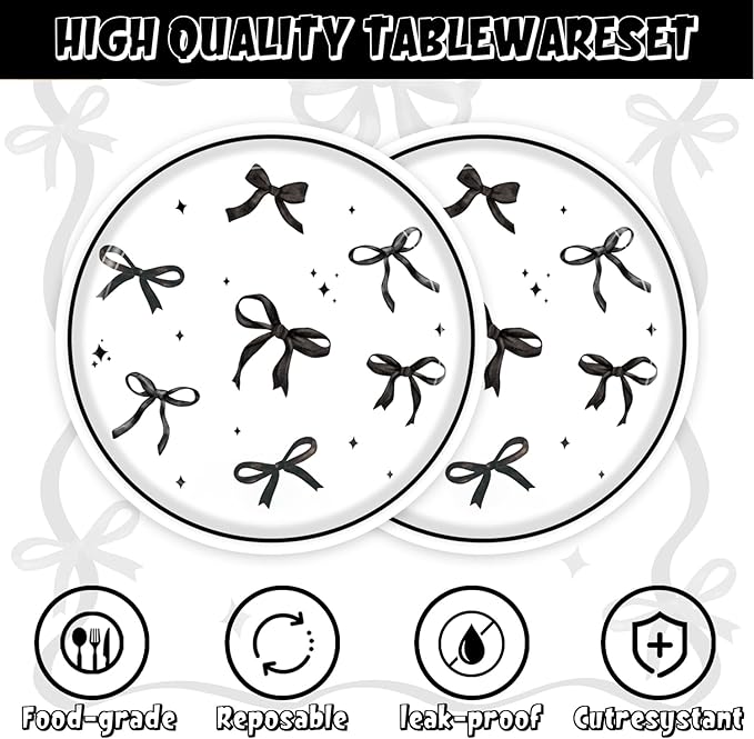 40pcs Black Bow Birthday Decorations Sophisticated Coquette Birthday Supplies,Black Bow Plates and Napkins,Suitable for 20 Guests