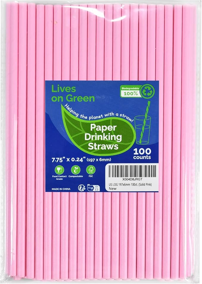 Solid Pink Disposable Paper Drinking Straws 7.75 inch 100 Counts - for Party, Cocktails, Cake Pops, Bars, Restaurants