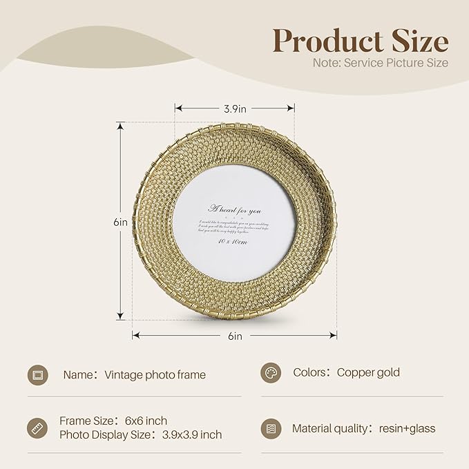 Cuspin Round Picture Frame 4x4 Vintage Gold Frames, Rattan Textured Hand-Crafted Photo Frame with Glass Front, Antique Picture Frame for Tabletop Display & Wall Display, Retro Design Home Decor