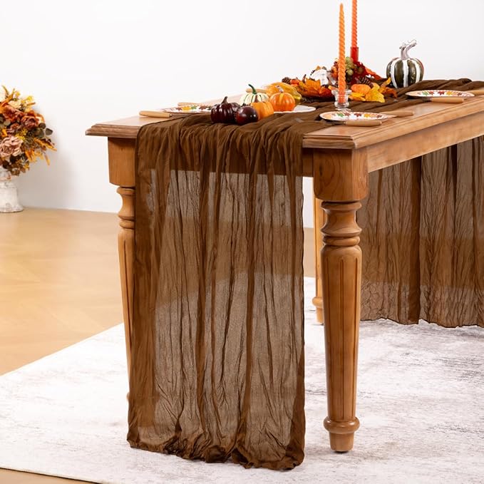 Brown Cheesecloth Table Runner Tan 6 Pack Fall Table Runners Boho Gauze 120 Inches Marron Cheese Cloth Fall Table Decorations for Thanksgiving Wedding Bridal Baby Shower Tea Party Decor