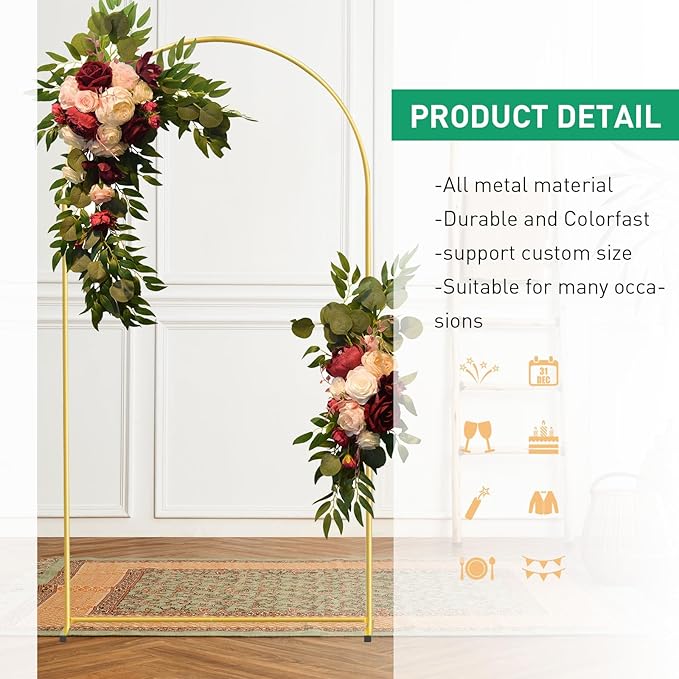 Metal Arch Backdrop Stand and Cover Set, 6FT White Reusable Spandex Fitted Backdrop Cover and Gold Wedding Arch Frame for Baby Shower, Birthday, Parties Decoration.