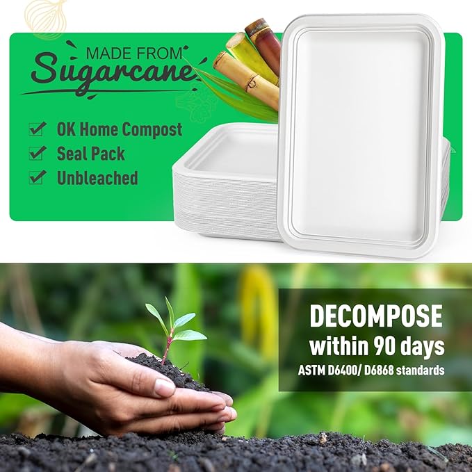 Gezond 100 Pack 14 Inch Disposable Food Trays Eco-friendly Heavy-Duty Large Paper Plates Compostable Sugarcane Platters for Crawfish, BBQ, Seafood Boil Holiday Party White