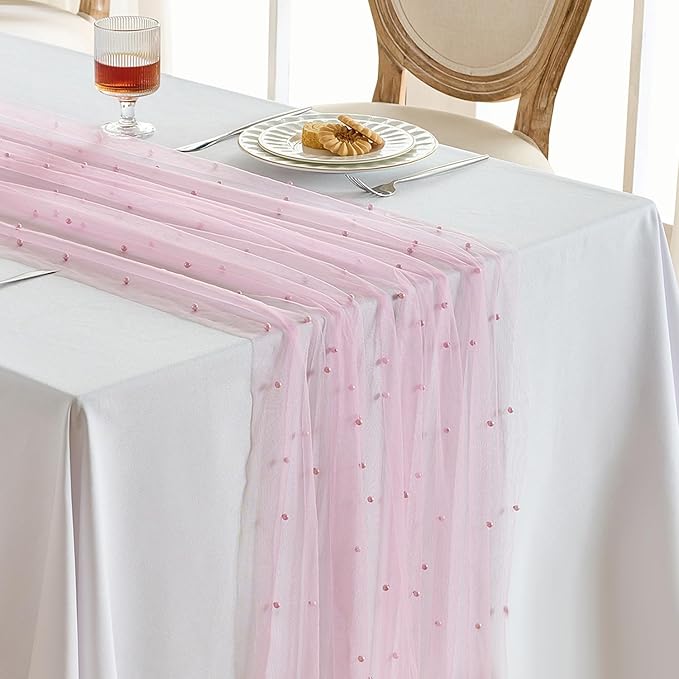 Fanami 6 Pack Pearl Table Runner -10FT Blush Pink Boho Tulle Table Runners 120 Inches Long Rustic Sheer Lace Fabric Centerpieces for Wedding Arch Birthday Party Bridal Veil Baby Shower Decorations