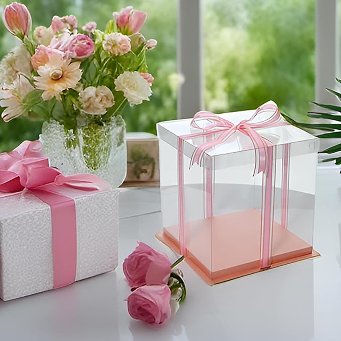 XININSUN pink clear cake box with ribbon,4inch 6inch cake boxes,small transparent cake box cake carrier,square cardboard cake containers clear gift boxes for wedding,birthday,party(6pcs)