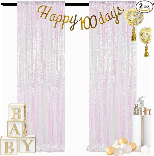 ShinyBeauty 2PCS 4x7FT Iridescent White Sequin Backdrops| Sparkle Photo Background for Parties & Events | Elegant & Durable Shimmer Backdrop Curtain Panels