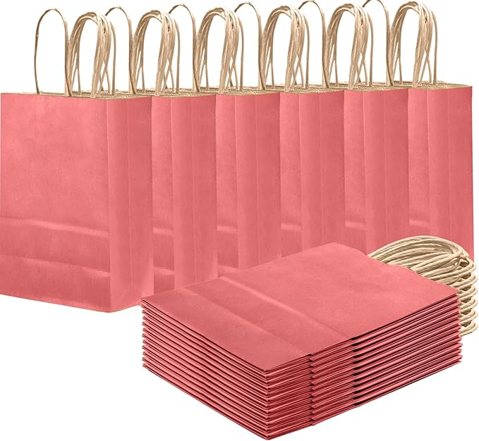 qiqee Pink Gift Bag with Handles Bulk 24Pcs Paper Bags -8.3"x6"x3. 15" Party Favor Bags - Solid Color
