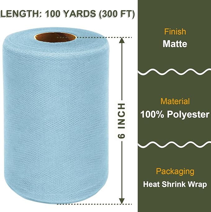 Light Blue Tulle Fabric Roll 6 Inch X 300 FT (100 Yards) Matte Tulle Ribbon Netting Mesh Spool for DIY Tutu Skirt Wedding Bow Gift Wrapping Baby Shower Christmas Party Halloween Decorations
