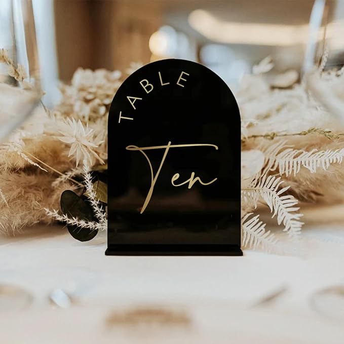 Black Arch Wedding Table Numbers 1-20 with Stands, 5x7 Inch Black Arch Acrylic Sign with Gold Letters, Acrylic Table Numbers for Wedding Reception