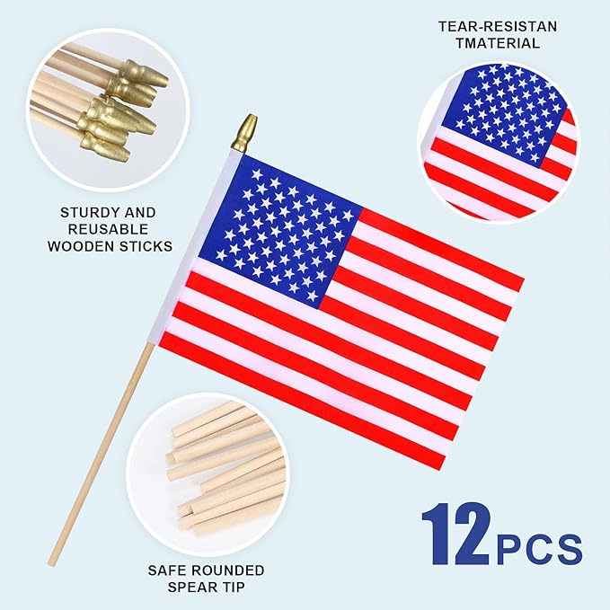 12Pcs Small American USA Flags on Wooden Stick Mini United States Flag Hand Held Flag Decorations,5x8 Inch