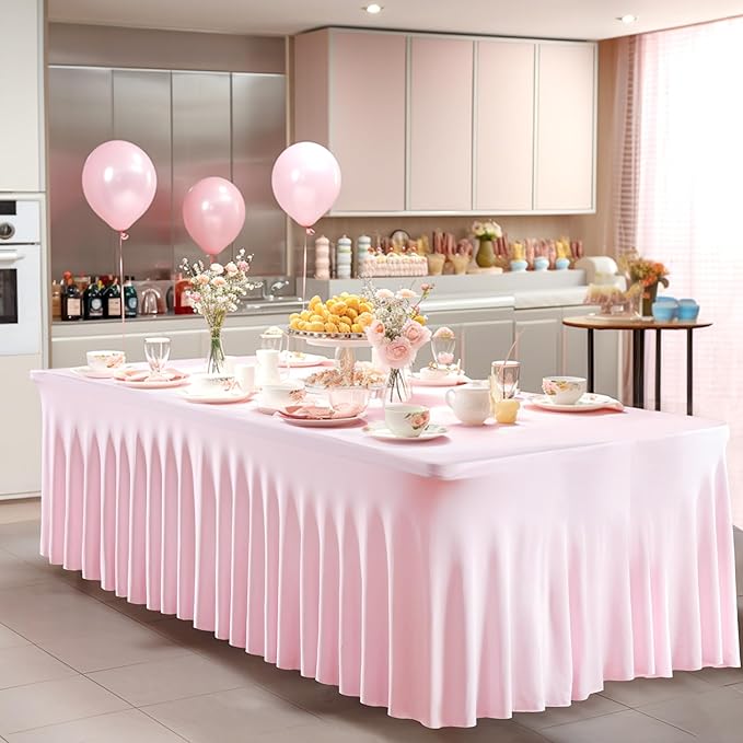 Wish Care 6 Pack Pink Spandex Table Clothes for 6 Foot Rectangle Tables, 6FT Wrinkle Free Fitted Tablecloths Ruffles Design Table Cover for Party, Banquet, Wedding and Events