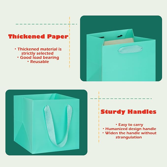 ADIDO EVA Teal Blue Square Gift Bags Small Size Turquoise Square Bottom Paper Bags with Handles for Party Favor, Shopping Packaging Bags (8x8x8 In, 10 CT)
