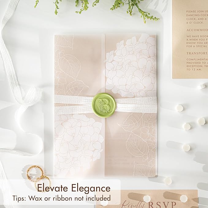 50 Pack Pre-Folded Vellum Jackets for 5x7 Invitations,AZAZA Elegant Translucent Invitation Sleeves,115GSM Vellum Jackets 5x7, Wedding Invitation Accessories, for Weddings Birthdays, Hydrangea Floral