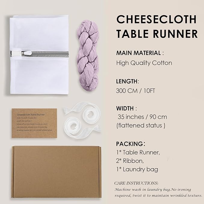 Lilac Purple Cheesecloth Table Runner Boho 10ft Gauze Cheese Cloth Gorgeous Table Runner for Baby Shower Wedding Bridal Shower Fall Thanksgiving Table Decor