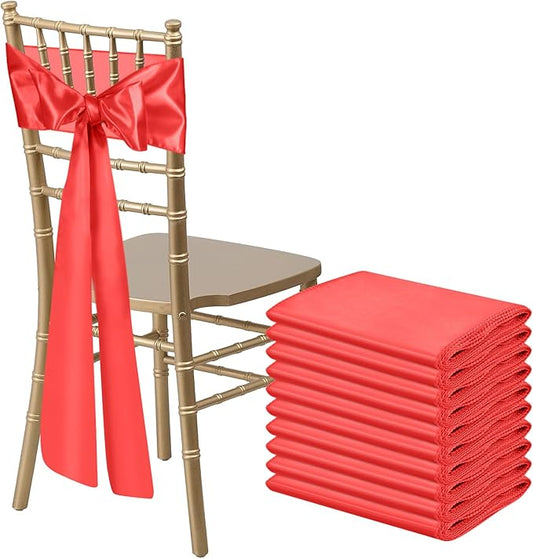 10 PCS Red Satin Chair Sashes Bows Universal Chair Ribbon Ties Back Sash for Wedding Party Reception Events Banquets Hotel Event Chair Cover Decoration (7x108 inch)
