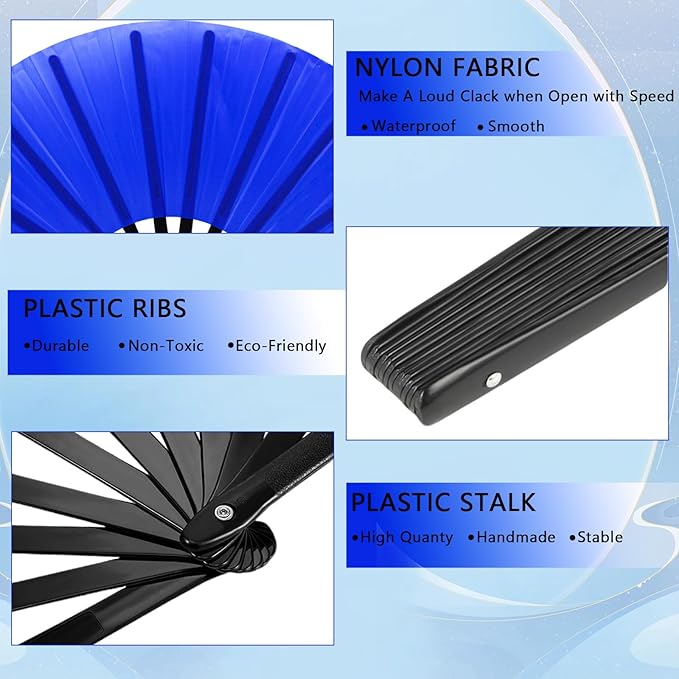 13inch Large Rave Fan Popping Clacking Fans for Line Dancing,Hand Fans for Women Foldable,Boots on The Ground Fan,Portable for Outdoor,Wedding,Party,Decoration (1pcs Blue)