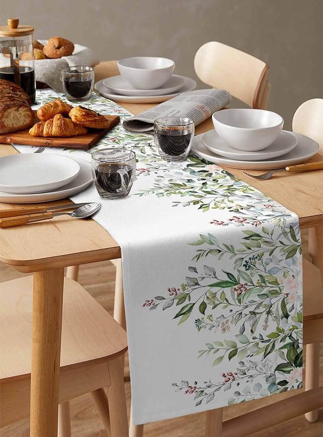 Botanical Eucalyptus Cotton Linen Table Runner for Dining Kitchen, Wedding Outdoor Party Tablerunners Decoration, Sage Green Leaves Elegant Floral Dresser Scarf Coffee Tablecloth Runners 13x108 Inches
