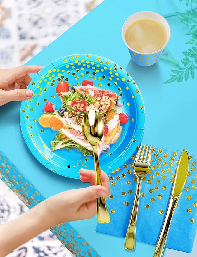 141 Pieces Sky Blue Gold Party Supplies, Party Dinnerware Sets Include Paper Plates Napkins Cups Silverware, for Wedding Bridal Shower Engagement Birthday Parties Decoration -20 Serves