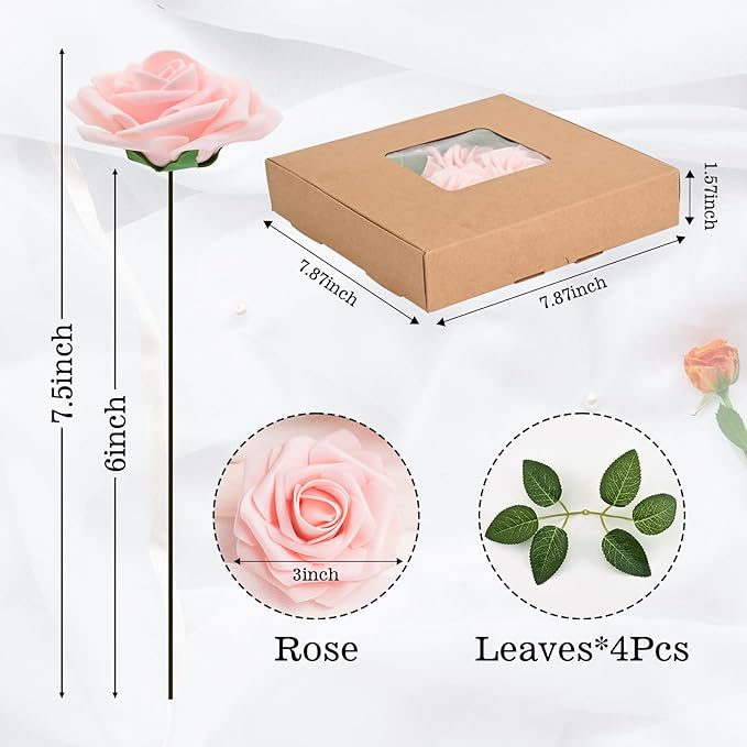 BLEUM CADE 16Pcs Artificial Flowers Fake Roses with Stems, Pink Boxed Foam Roses for DIY Bouquets Centerpieces Wedding Party Arrangement Bridal Shower Decor