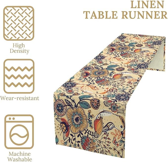 Vintage Paisley Table Runner, Boho Beige Paisley Flower Leaves Print Table Runner for Home Party Patio Indoor Outdoor, 13x60inch