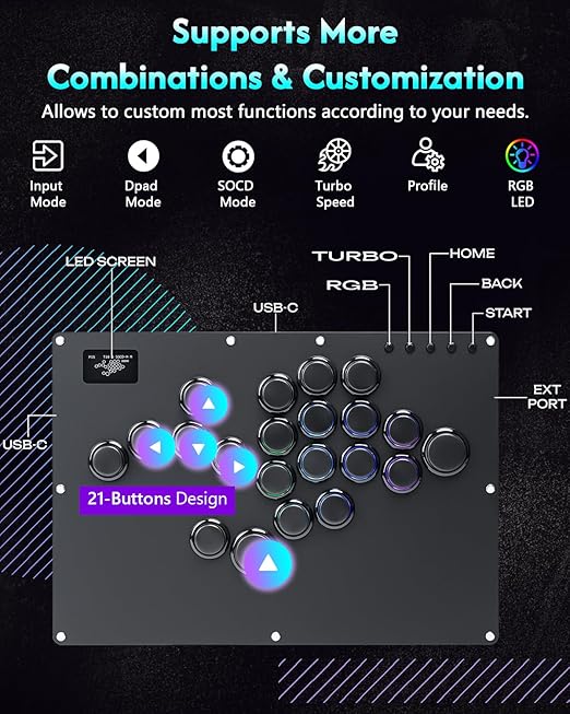 GuileKeys Leverless Controller Arcade Stick GK-21, All-Button Arcade Controller 21Keys for PS4/PS3/PC/Switch(PS5 w/Converter), Arcade Fight Stick with RGB/Turbo/Hot-Swap/Low Profile Switch Black