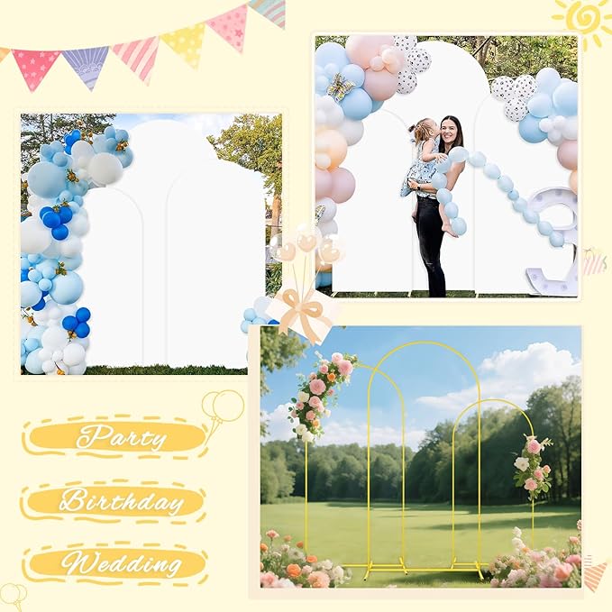 Metal Arch Backdrop Stand and White Wedding Arch Cover Set 7.2FT 6.6FT 6FT Wedding Arched Frame Balloon Arch Backdrop Stand with Spandex Arched Covers for Baby Shower Bridal Banquet Decor