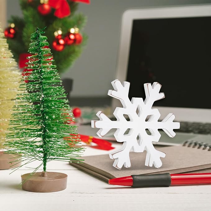 Snowflake Decorations Christmas Decor 6Pcs Winter White Wooden Snowflakes Standing Christmas Tiered Tray Decor Winter Wonderland Decorations for Indoor Home Xmas Table Shelf Fireplace Mantel