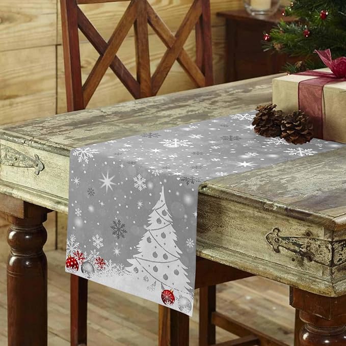 Christmas Snowflakes Cotton Linen Table Runner for Dining Kitchen, Xmas Tree Snow Winter Wedding Outdoor Party Tablerunners Decoration, Grey Balls Dresser Scarf Coffee Tablecloth Runners 13x108 Inches