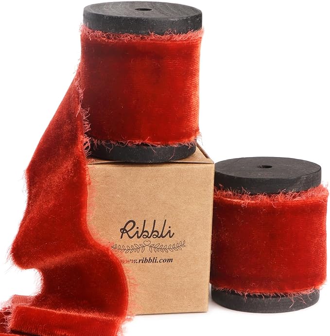 Ribbli Rust Red Velvet Ribbon 1.5 Inch Handmade Frayed Vintage Christmas Ribbon for Gift Wrapping Christmas Tree Ornament Wreath Craft Home Decor -Total 3 Yards with Wooden Spool