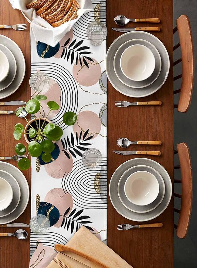 Modern Boho Cotton Linen Table Runner for Dining Kitchen, Wedding Outdoor Party Tablerunners Decoration, Abstract Bohemian Tropical Palm Leaf Dresser Scarf Coffee Tablecloth Runners 13x90 Inches