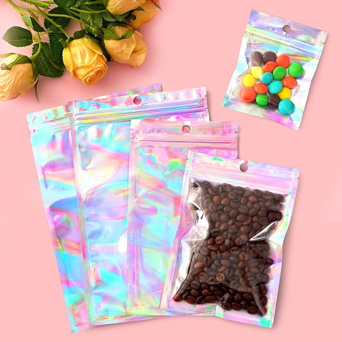 Funfery 100 Pack Smell Proof Holographic Bags Clear Resealable Bags,Mylar Foil Bag with Zipper,Sealing Pouch Packaging Bag for Food Storage,Candy,Party Favor Sample Business Supplies(4.7x7in)