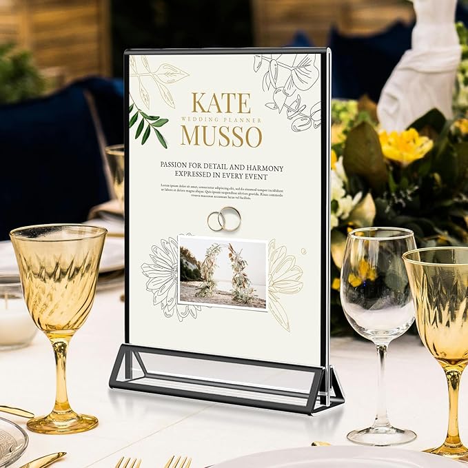 Acrylic Black Sign Holders 4x6, 12 Pack Wedding Black Table Number Holders, Double Sided Photo Display Picture Frame Paper Stand, Clear Flyer Stand Menu Holder for Wedding, Home, Party, Restaurant