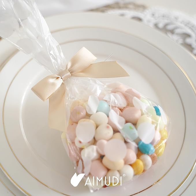 AIMUDI Small Champagne Christmas Bows 2.5" Premade Satin Ribbon Twist Tie Bows for Treat Bags Mini Bows for Christams Tree Ornaments Ribbon for Cake Pops Bows for Wedding Decor Gift Wrap- 50 Counts