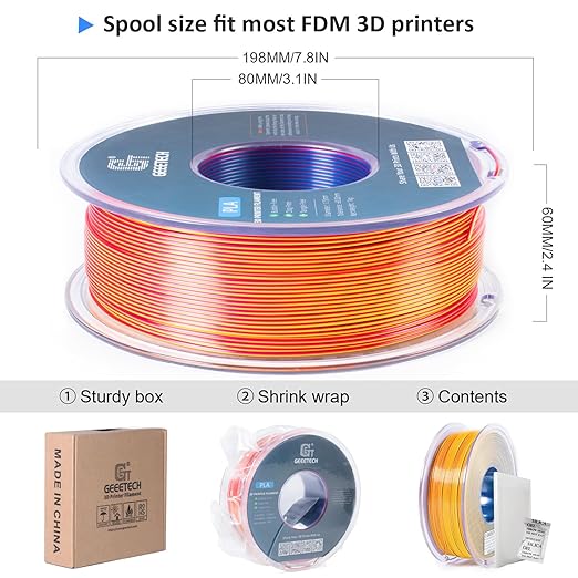 Geeetech 3D Printer Silk PLA Tri-Color Filament, Metal-Like Shiny Silk Filament 1.75mm 1kg (2.2lbs) Spool, Dimensional Accuracy +/- 0.02 mm, Tri-Color Red Yellow Blue
